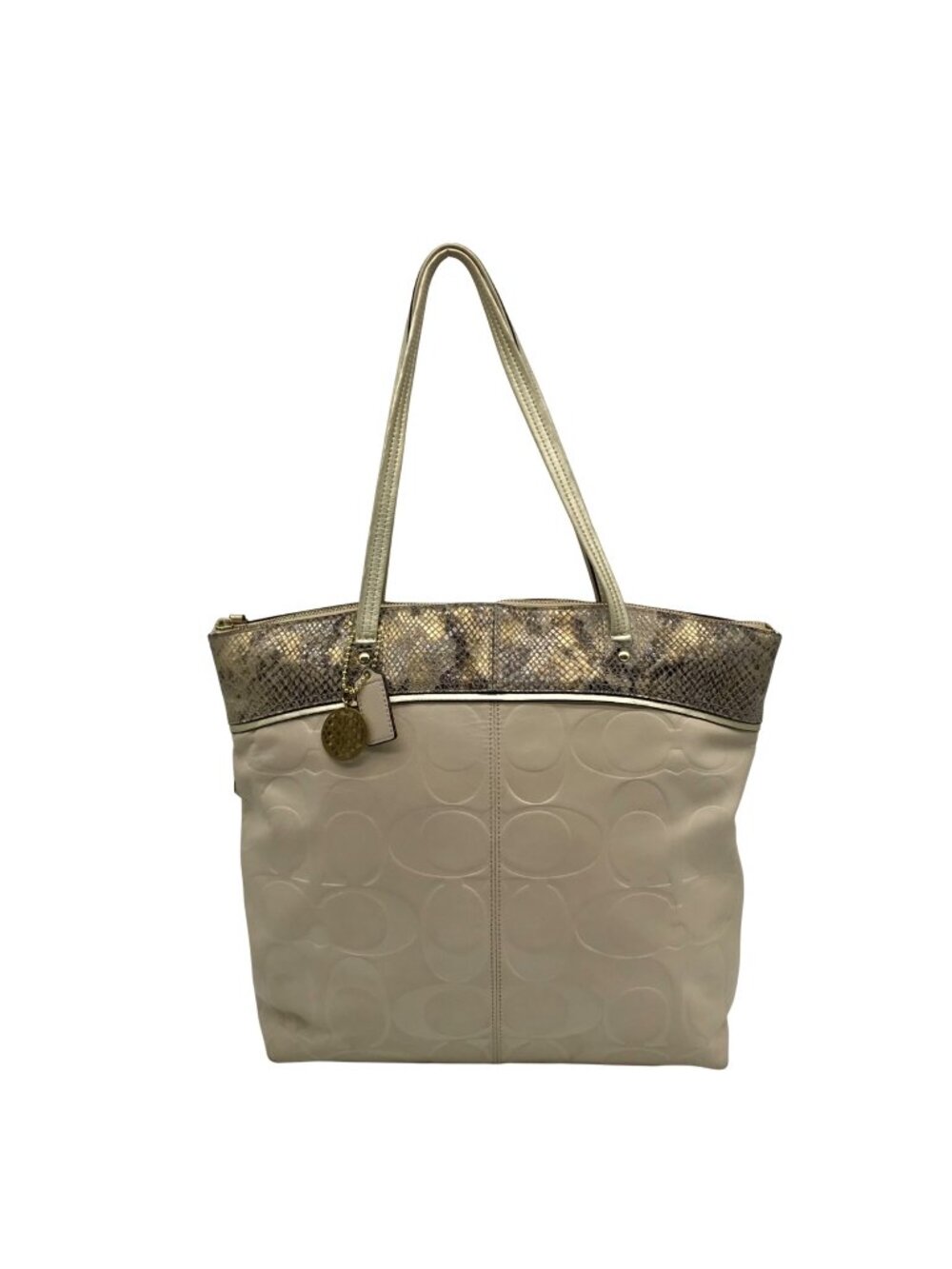 Coach Beige Monogram Leather With Snakeskin Trim Tote Bag F19696